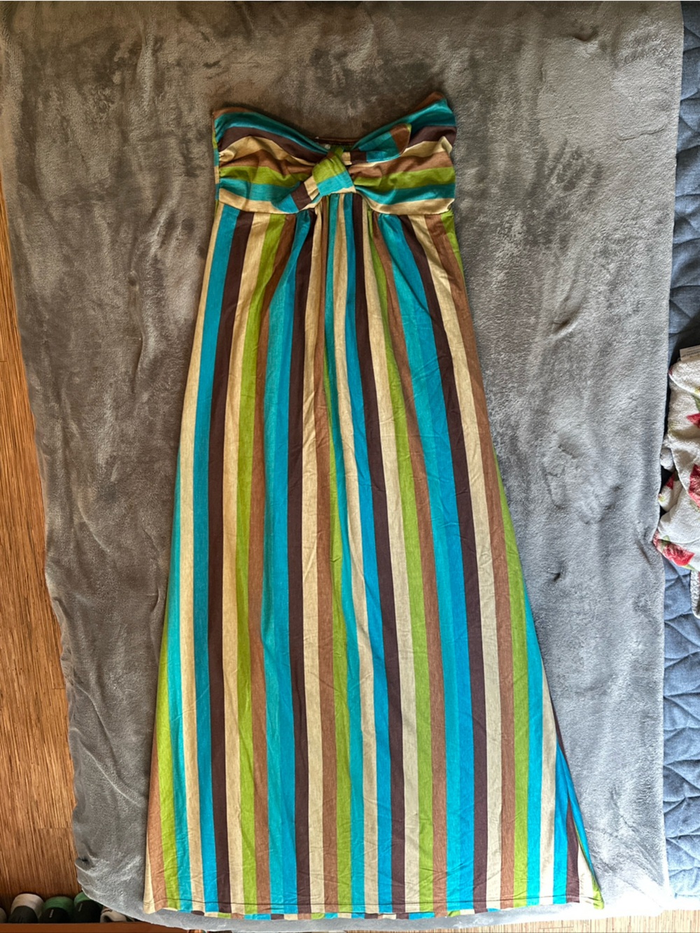 Striped Strapless Maxi Dress in Teal, Green, Brown, Cream
